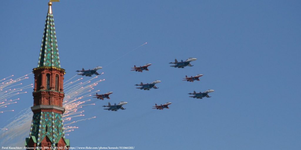 Blue sky with fighter jets flying across the sky representing Russias Real Cost of Crimean Uncertainty