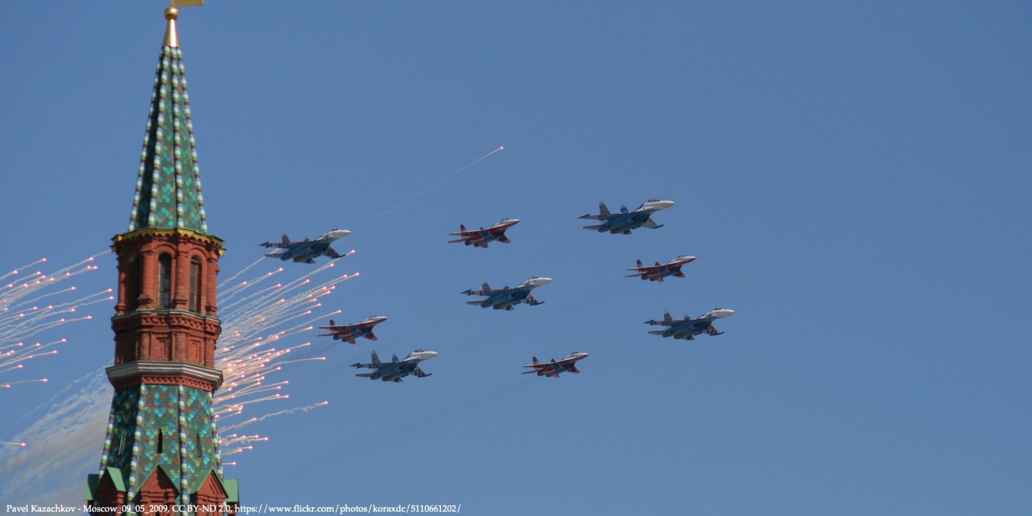 Blue sky with fighter jets flying across the sky representing Russias Real Cost of Crimean Uncertainty