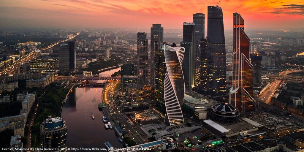 Moscow citi in the sunset representing Russian stock market and Navalny