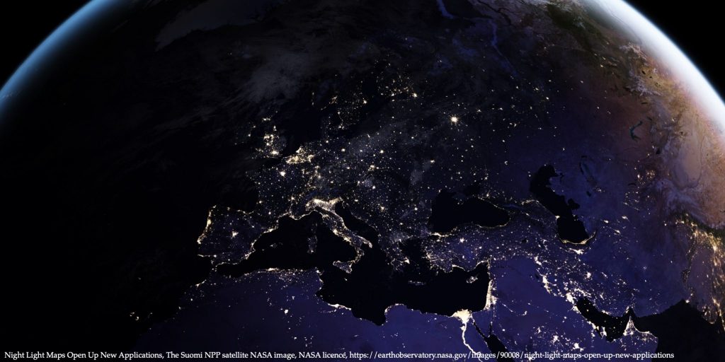 Image of Europe at night from sky via NASA representing regional economic development