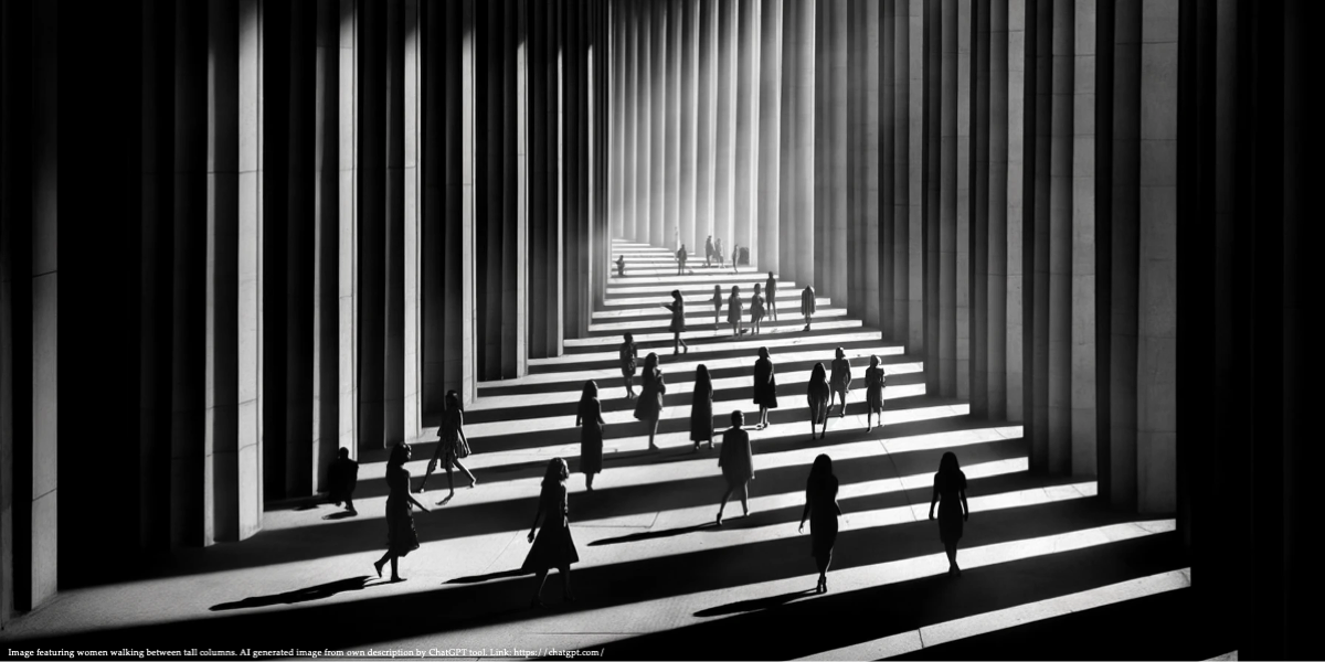 Featuring scene with women walking between tall columns casting long shadows representing gender equality financing.