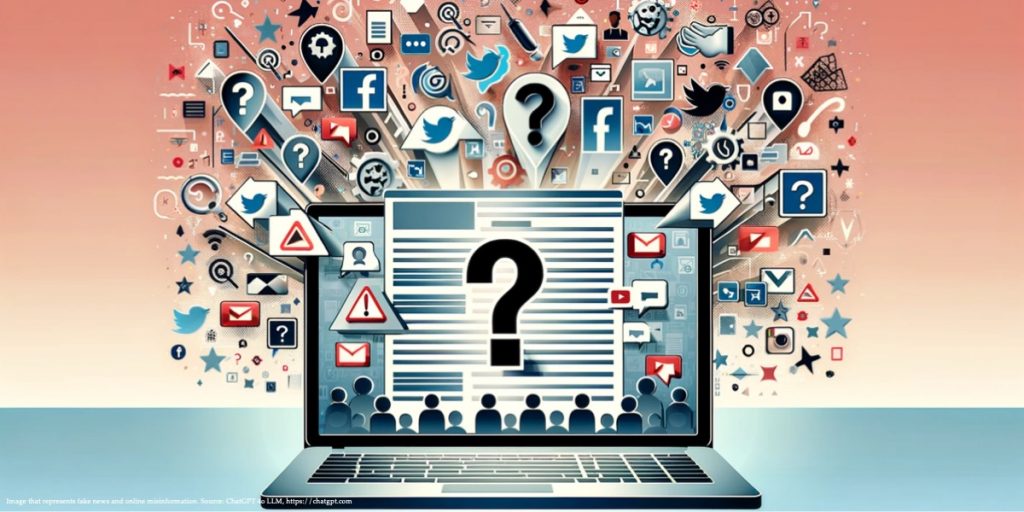 The image depicts the concept of online misinformation using light colors and pastel shades representing online political influence and misinformation. It features a central laptop with a screen displaying a large question mark, symbolizing confusion and uncertainty