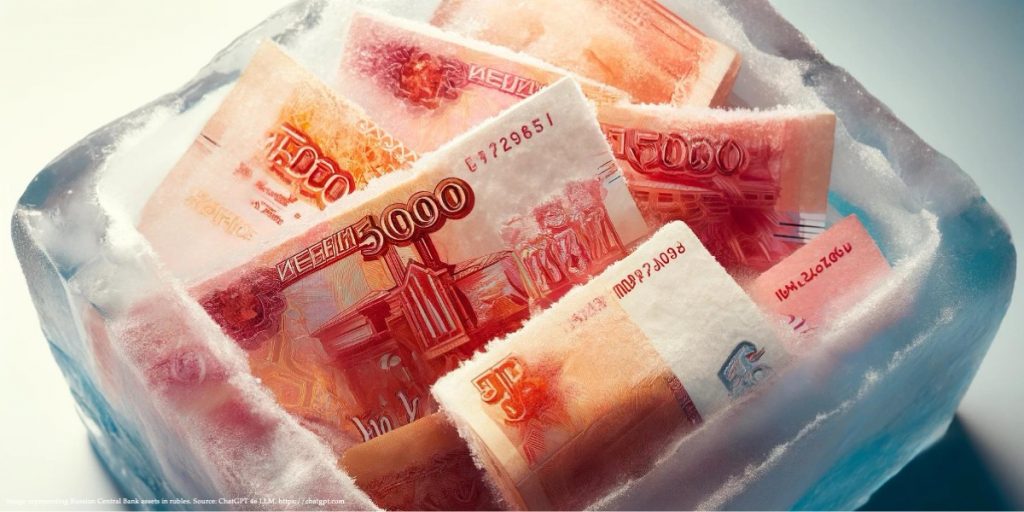 The image shows a close-up of several Russian 5000-ruble banknotes encased in ice representing Russian Central Bank assets.