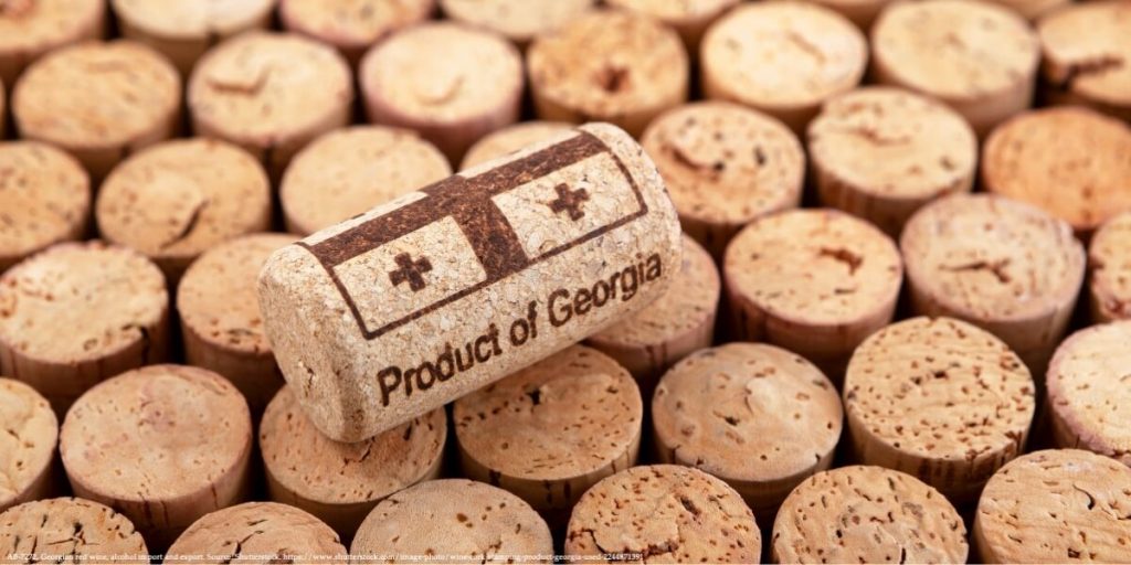 Product of Georgia wine cork on a background of corks representing export potential of Georgia