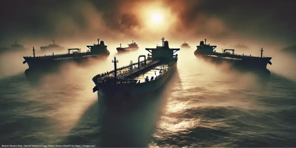 Rusty oil tanker fleet drifting in foggy ocean at dusk, illustrating the shadow fleet of Russia evading sanctions.