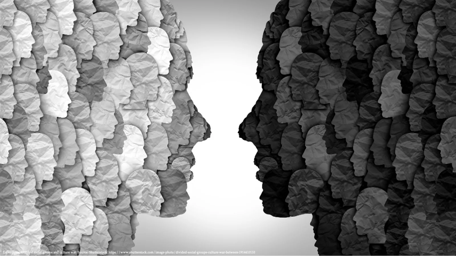 Graphic illustration of media polarization in Georgia, showing two opposing human faces made from crumpled paper representing political bias and dissimilarity in media outlets representing Media Polarization Index.