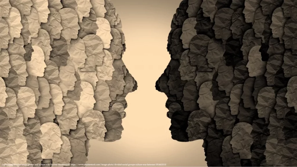 Graphic illustration of media polarization in Georgia, showing two opposing human faces made from crumpled paper representing political bias and dissimilarity in media outlets representing Media Polarization Index in July 2024.