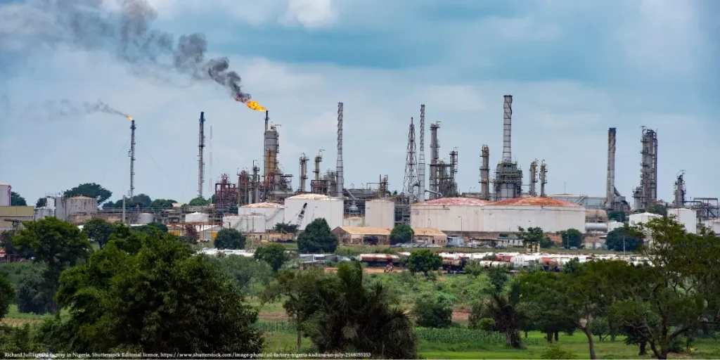 Industrial oil factory in Africa symbolizing Russia’s influence on Africa's resources and economy.