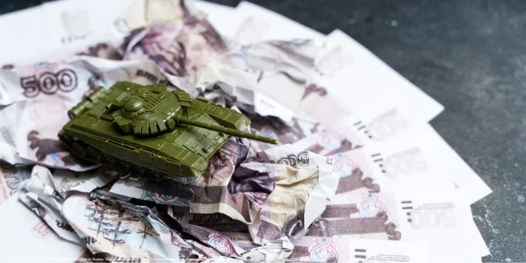 A toy tank on crumpled Russian rubles, symbolizing the impact of war on the Russian economy.