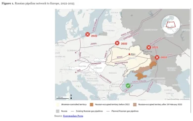 Map showing the Russian pipeline gas network to Europe between 2022 and 2025, highlighting disruptions, shutdown points, and operational routes that impact Russian gas to Europe and energy security in Europe amid pipeline sanctions on Russia.